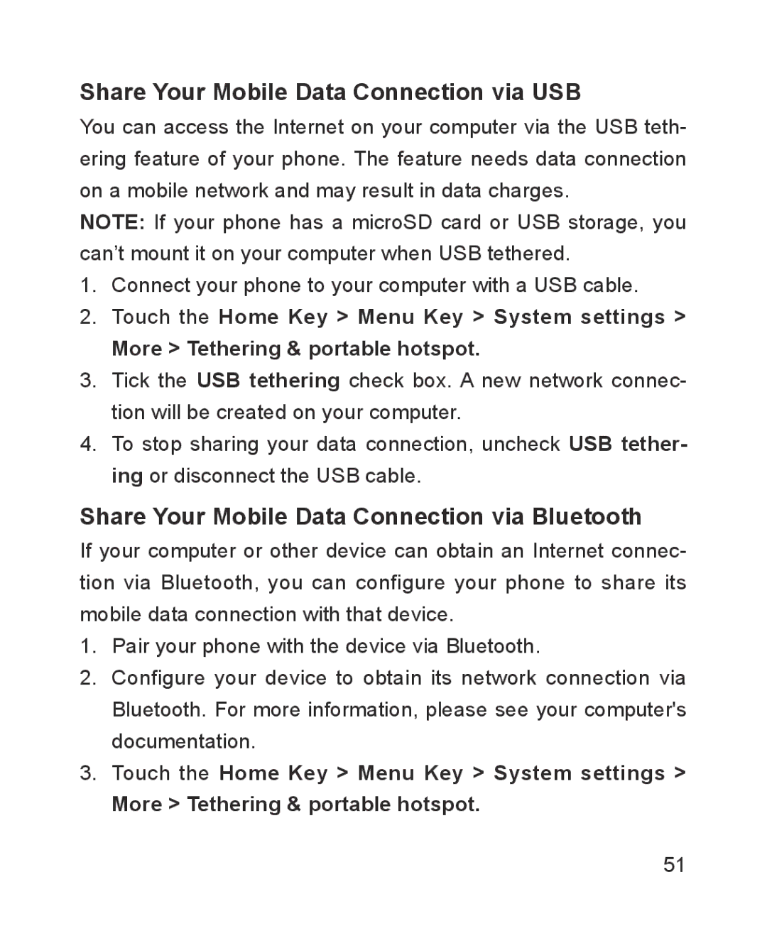 ZTE ZTE Blade III user manual Share Your Mobile Data Connection via USB, Share Your Mobile Data Connection via Bluetooth 