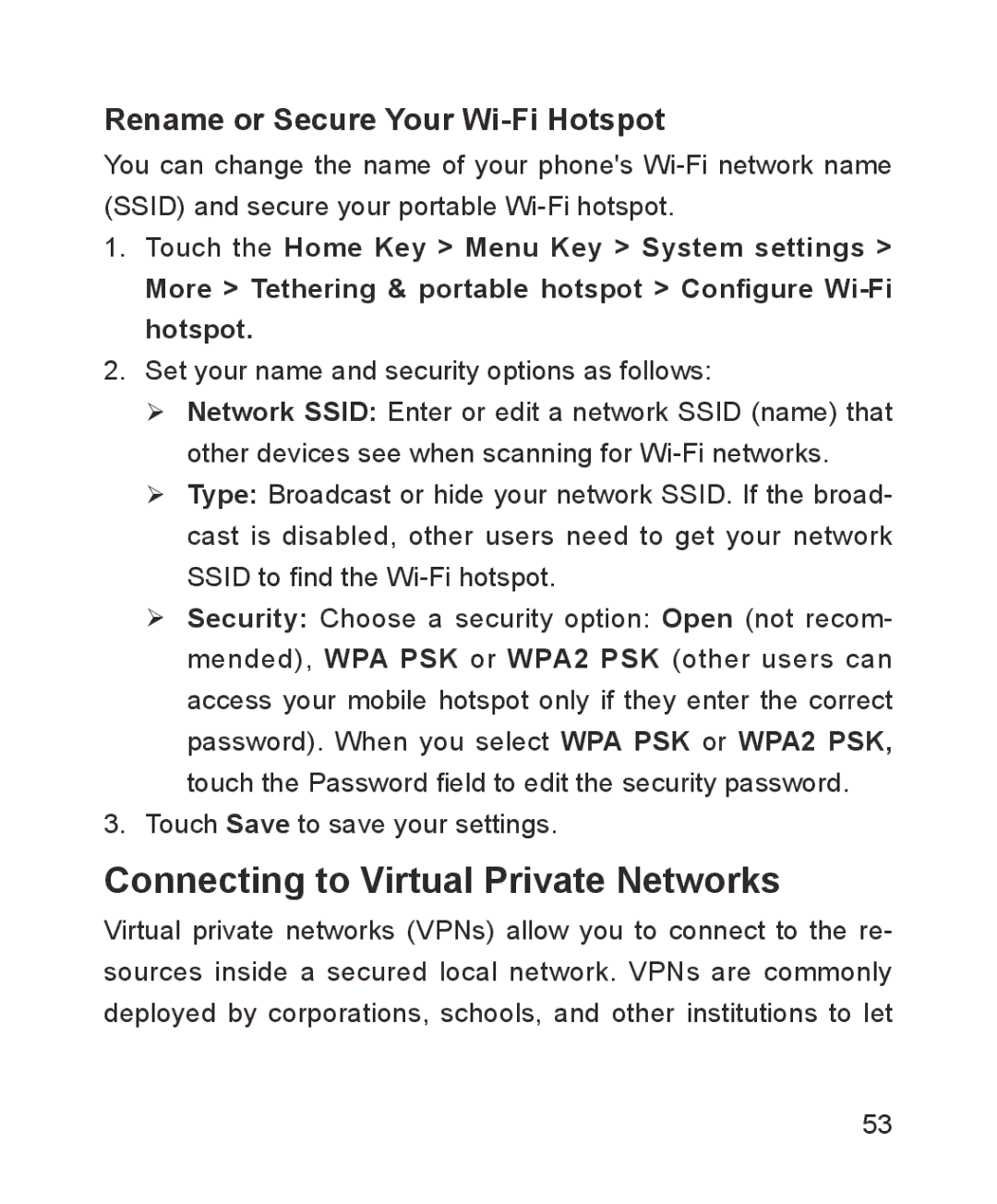 ZTE ZTE Blade III user manual Connecting to Virtual Private Networks, Rename or Secure Your Wi-Fi Hotspot 