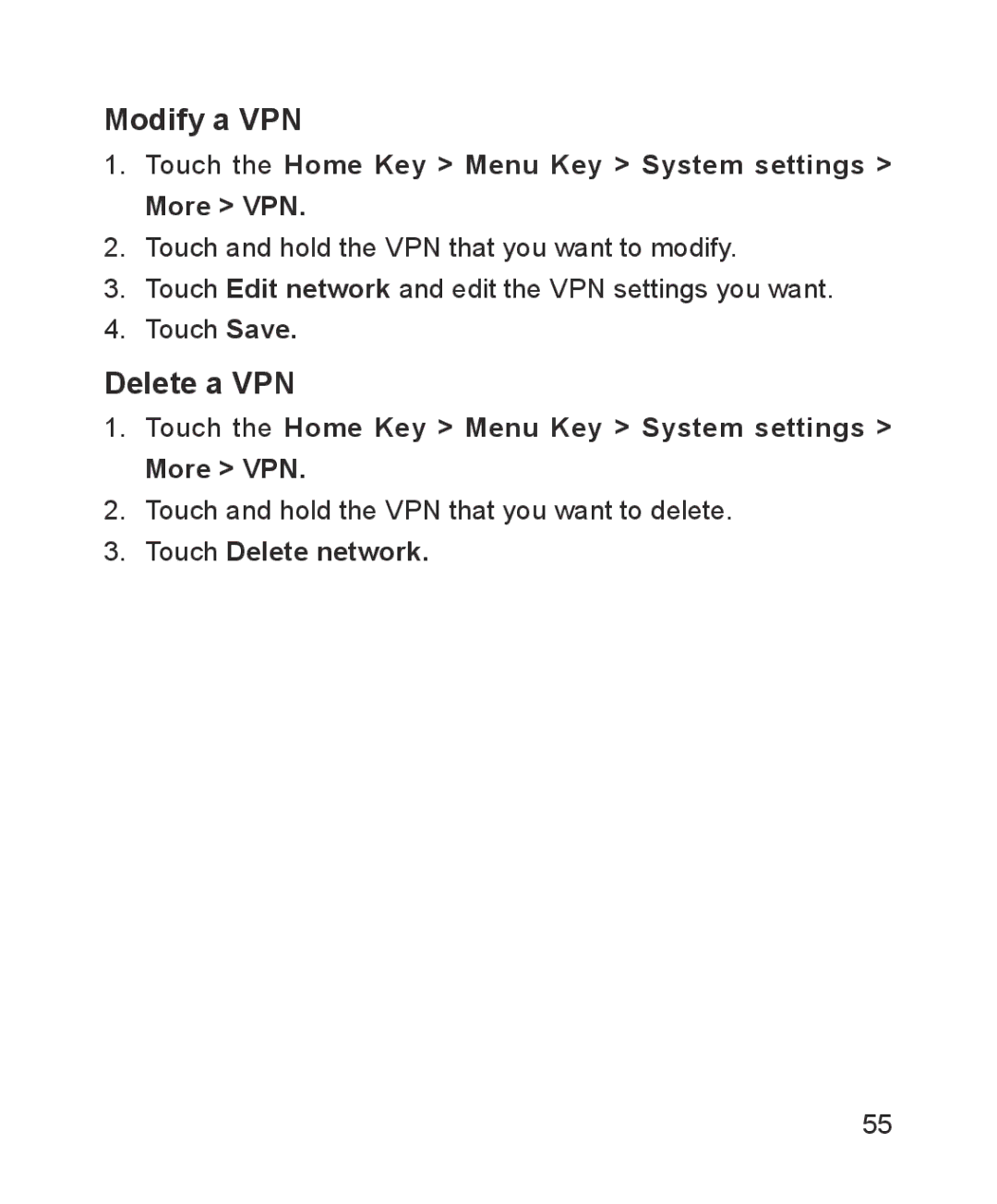 ZTE ZTE Blade III user manual Modify a VPN, Delete a VPN, Touch Delete network 