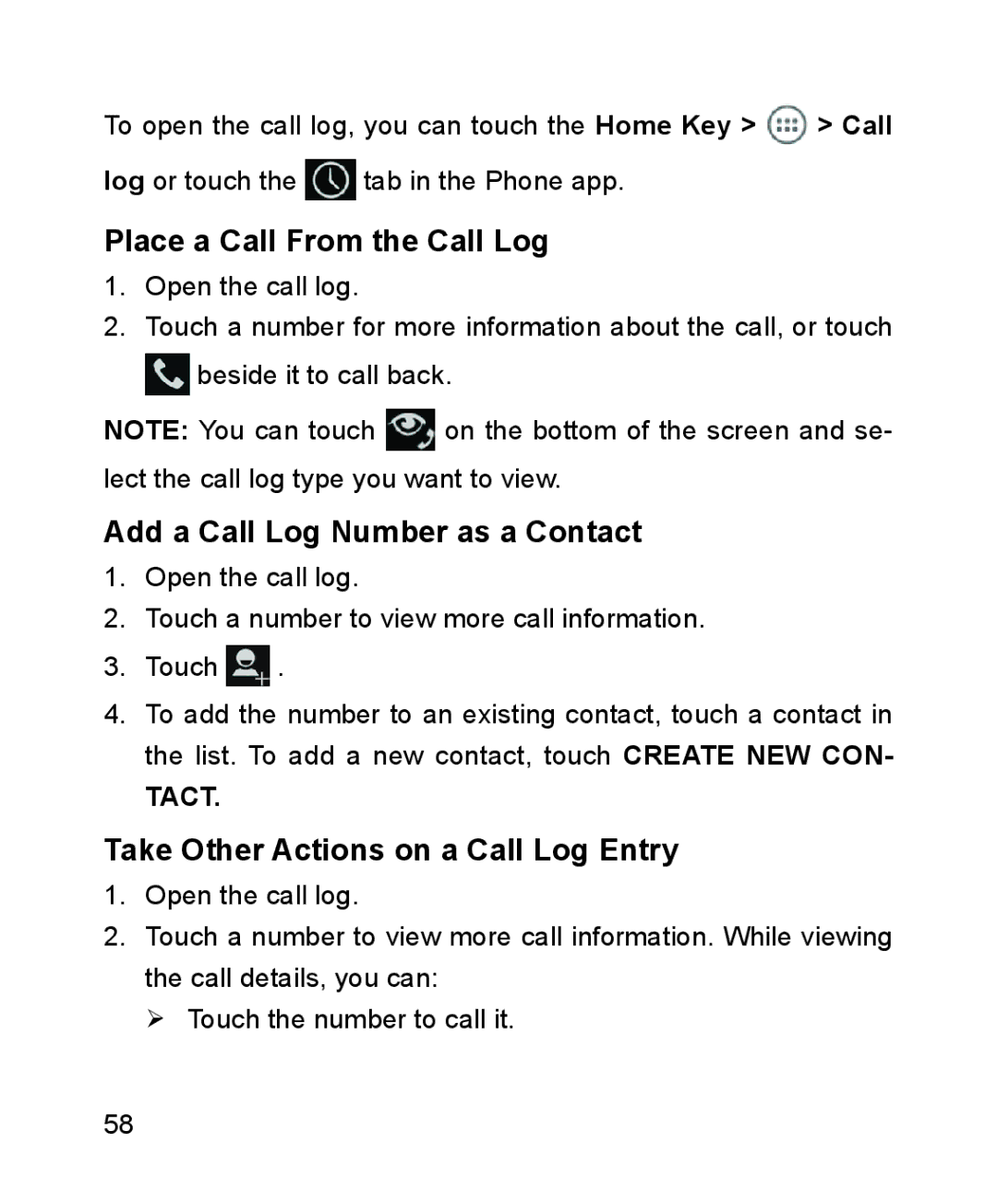 ZTE ZTE Blade III user manual Place a Call From the Call Log, Add a Call Log Number as a Contact 