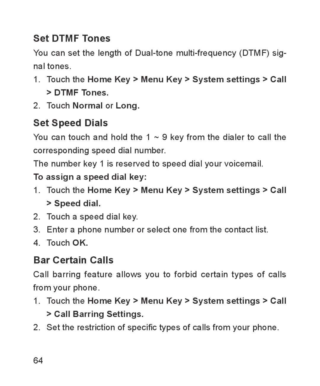 ZTE ZTE Blade III user manual Set Dtmf Tones, Set Speed Dials, Bar Certain Calls 