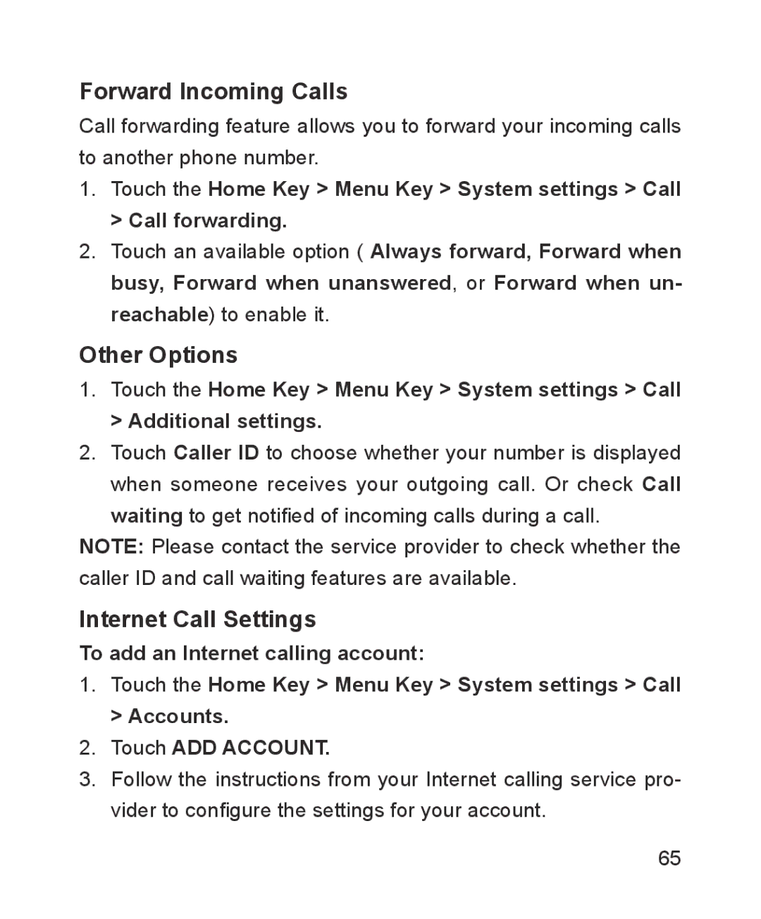 ZTE ZTE Blade III user manual Forward Incoming Calls, Other Options, Internet Call Settings 