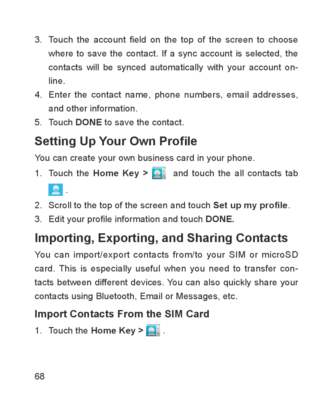 ZTE ZTE Blade III user manual Setting Up Your Own Profile, Importing, Exporting, and Sharing Contacts 