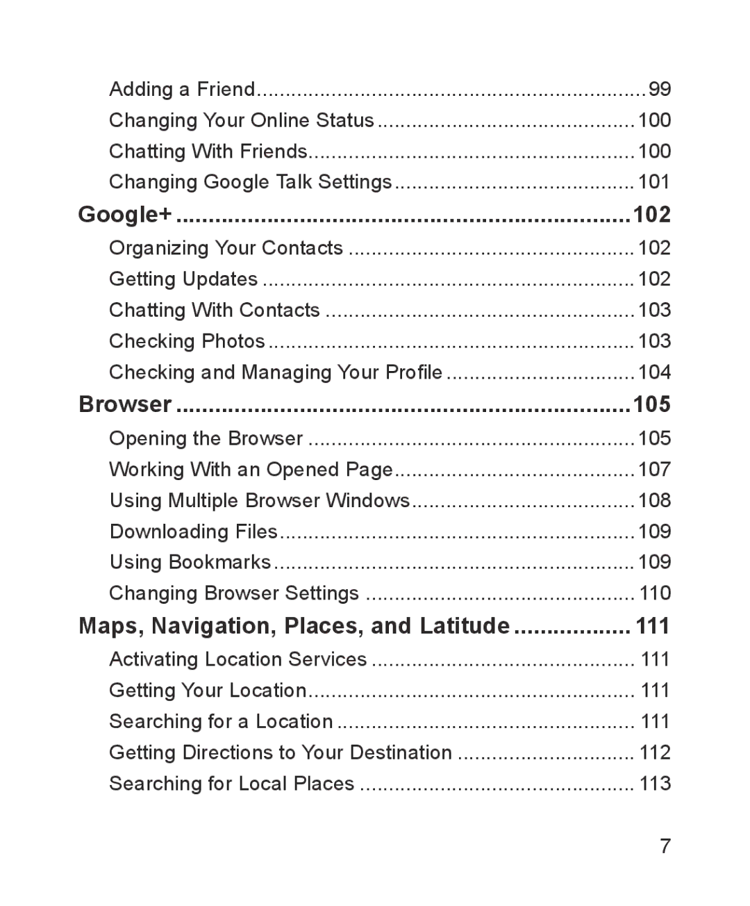 ZTE ZTE Blade III user manual Google+ 102, Browser 105, Maps, Navigation, Places, and Latitude 111 