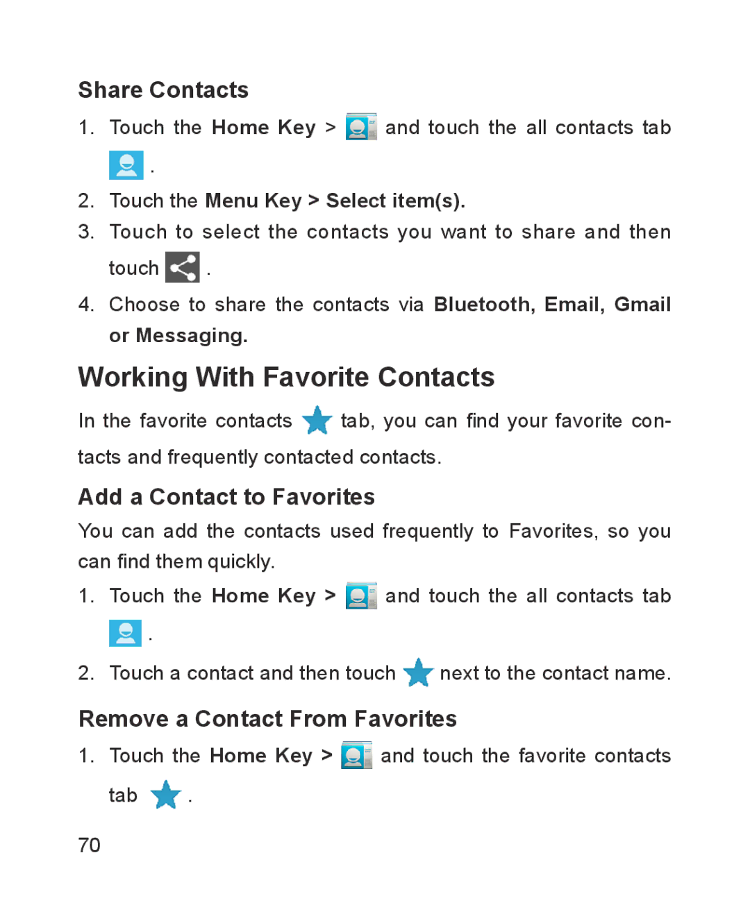 ZTE ZTE Blade III user manual Working With Favorite Contacts, Share Contacts, Add a Contact to Favorites 