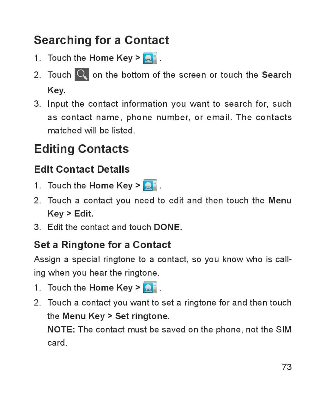 ZTE ZTE Blade III user manual Searching for a Contact, Editing Contacts, Edit Contact Details, Set a Ringtone for a Contact 