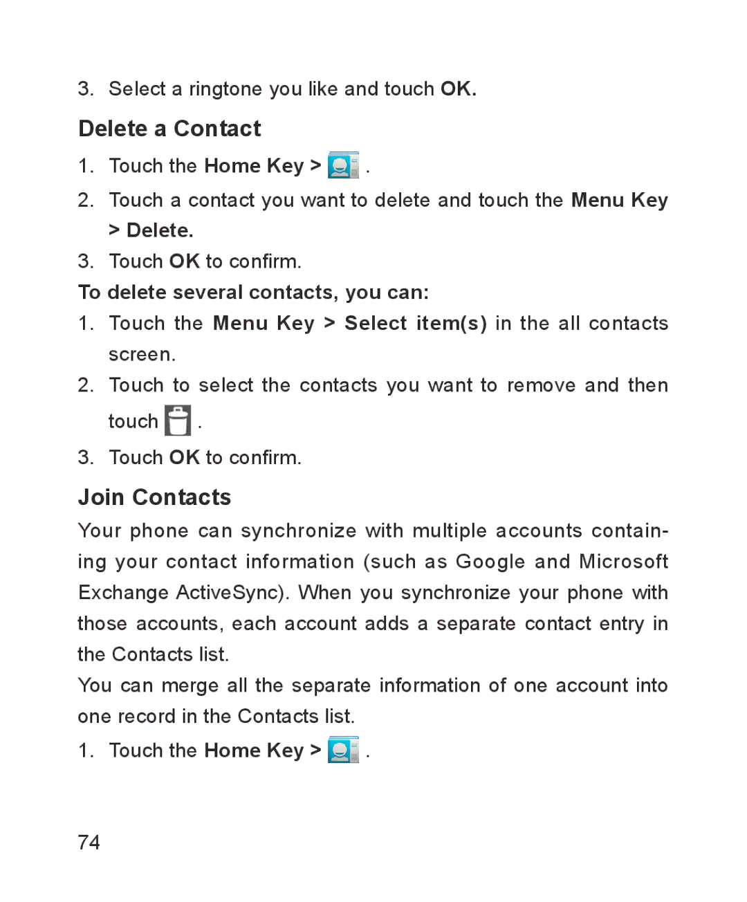 ZTE ZTE Blade III user manual Delete a Contact, Join Contacts, To delete several contacts, you can 