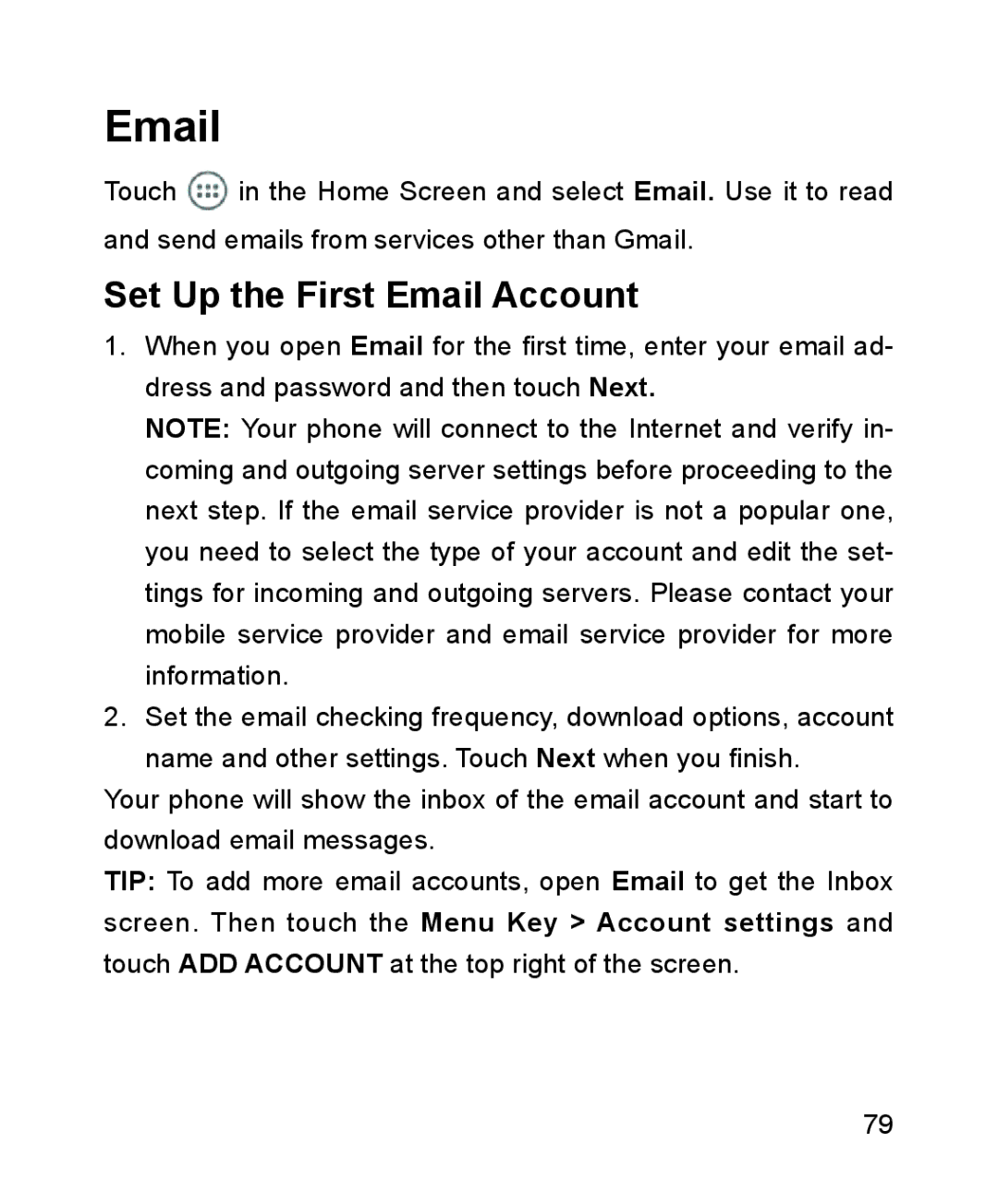 ZTE ZTE Blade III user manual Set Up the First Email Account 