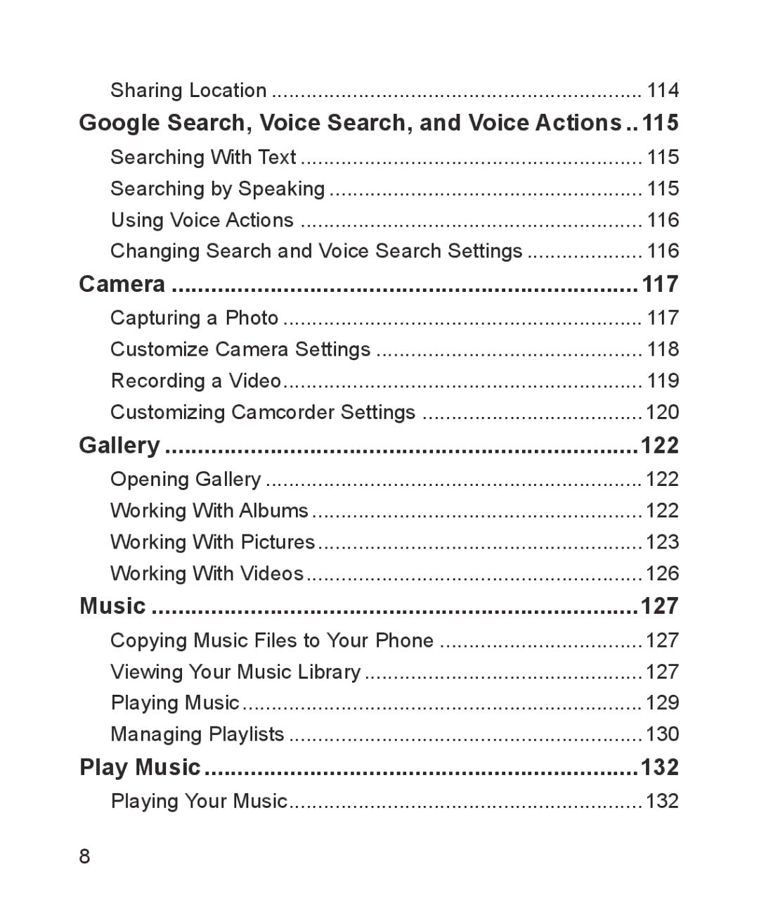 ZTE ZTE Blade III user manual 115, Camera 117, Gallery 122, Music 127, Play Music 132 