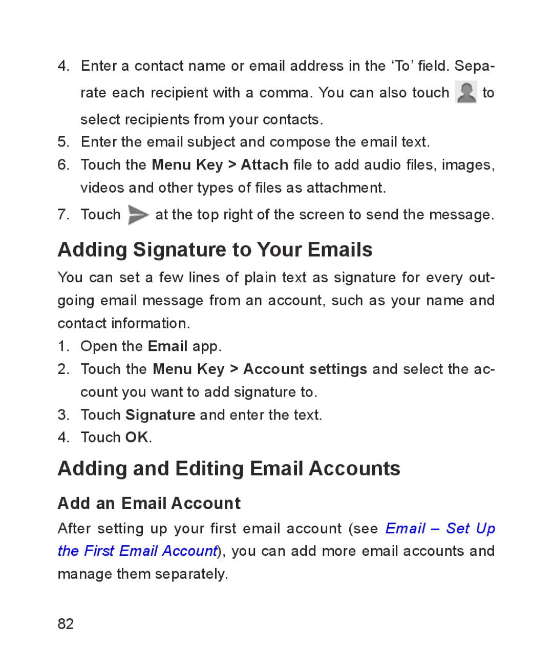 ZTE ZTE Blade III user manual Adding Signature to Your Emails, Adding and Editing Email Accounts, Add an Email Account 