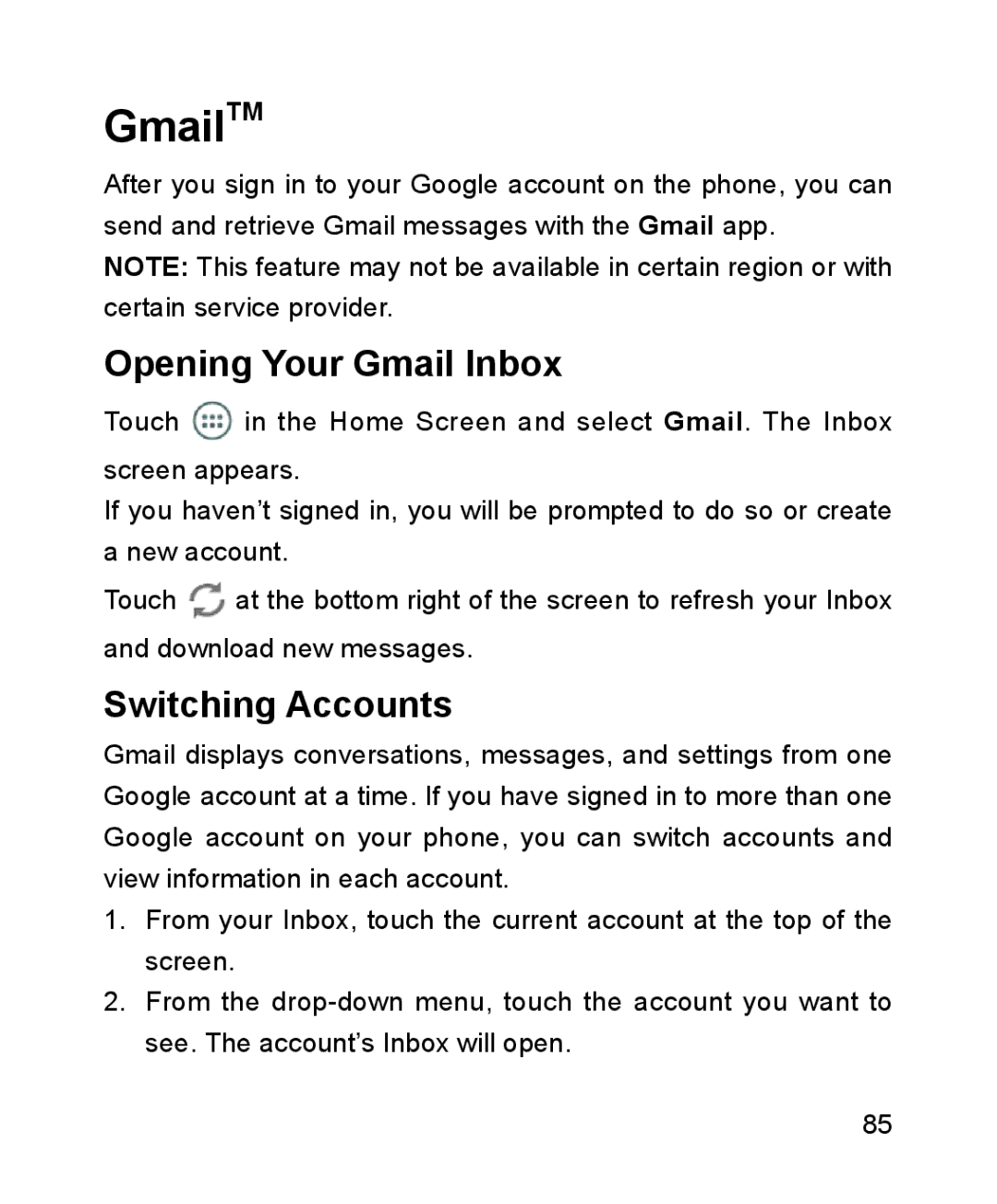 ZTE ZTE Blade III user manual GmailTM, Opening Your Gmail Inbox, Switching Accounts 