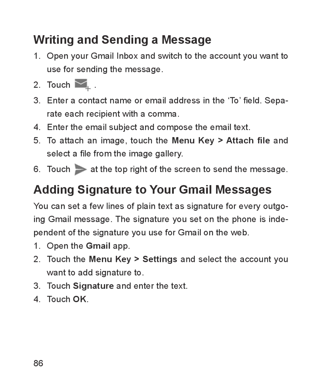 ZTE ZTE Blade III user manual Writing and Sending a Message, Adding Signature to Your Gmail Messages 