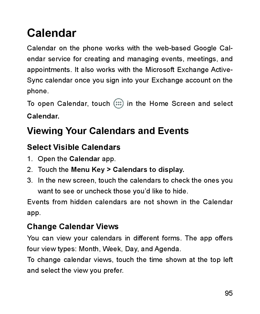 ZTE ZTE Blade III user manual Viewing Your Calendars and Events, Select Visible Calendars, Change Calendar Views 