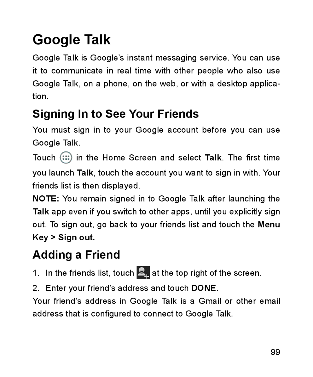 ZTE ZTE Blade III user manual Google Talk, Signing In to See Your Friends, Adding a Friend, Key Sign out 