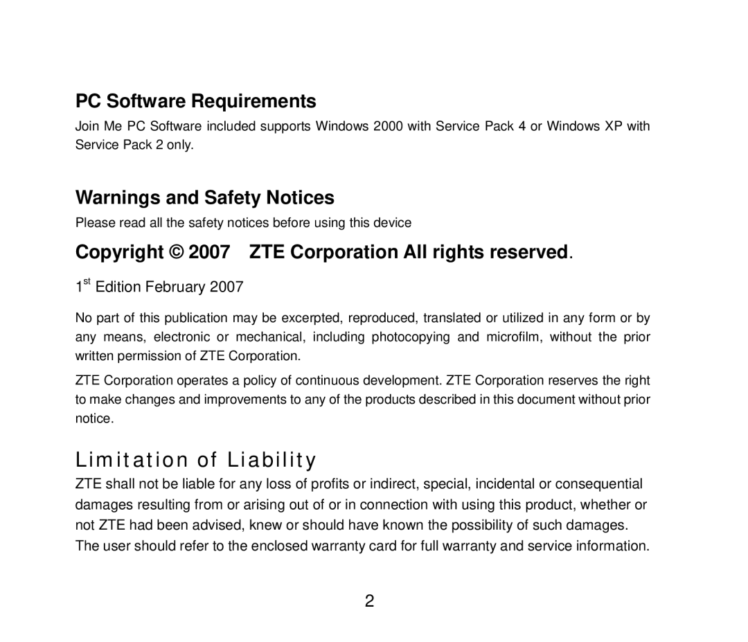 ZTE ZTE F152 user manual PC Software Requirements, Copyright 2007 ZTE Corporation All rights reserved 