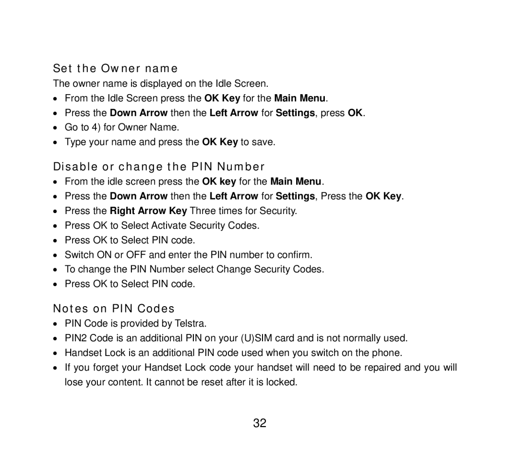 ZTE ZTE F152 user manual Set the Owner name, Disable or change the PIN Number 