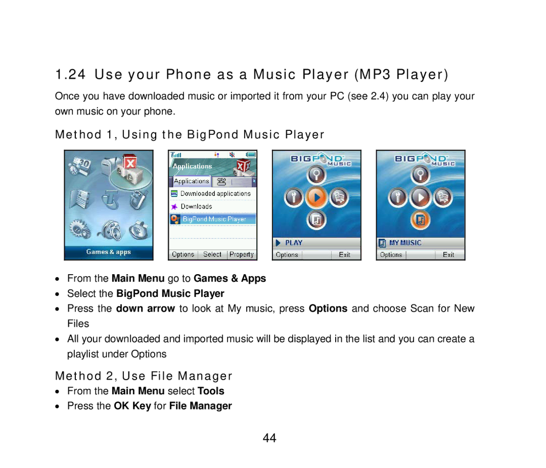 ZTE ZTE F152 user manual Use your Phone as a Music Player MP3 Player, Method 1, Using the BigPond Music Player 