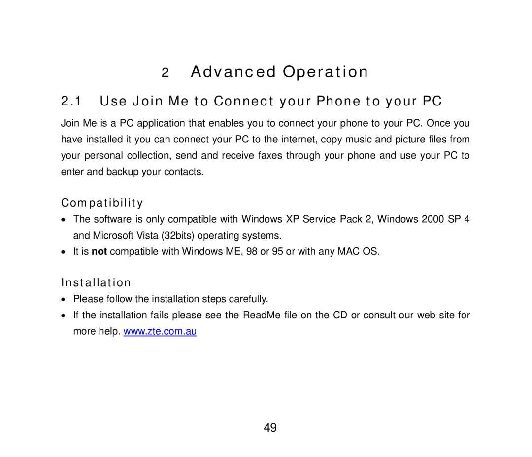 ZTE ZTE F152 user manual Use Join Me to Connect your Phone to your PC, Compatibility, Installation 