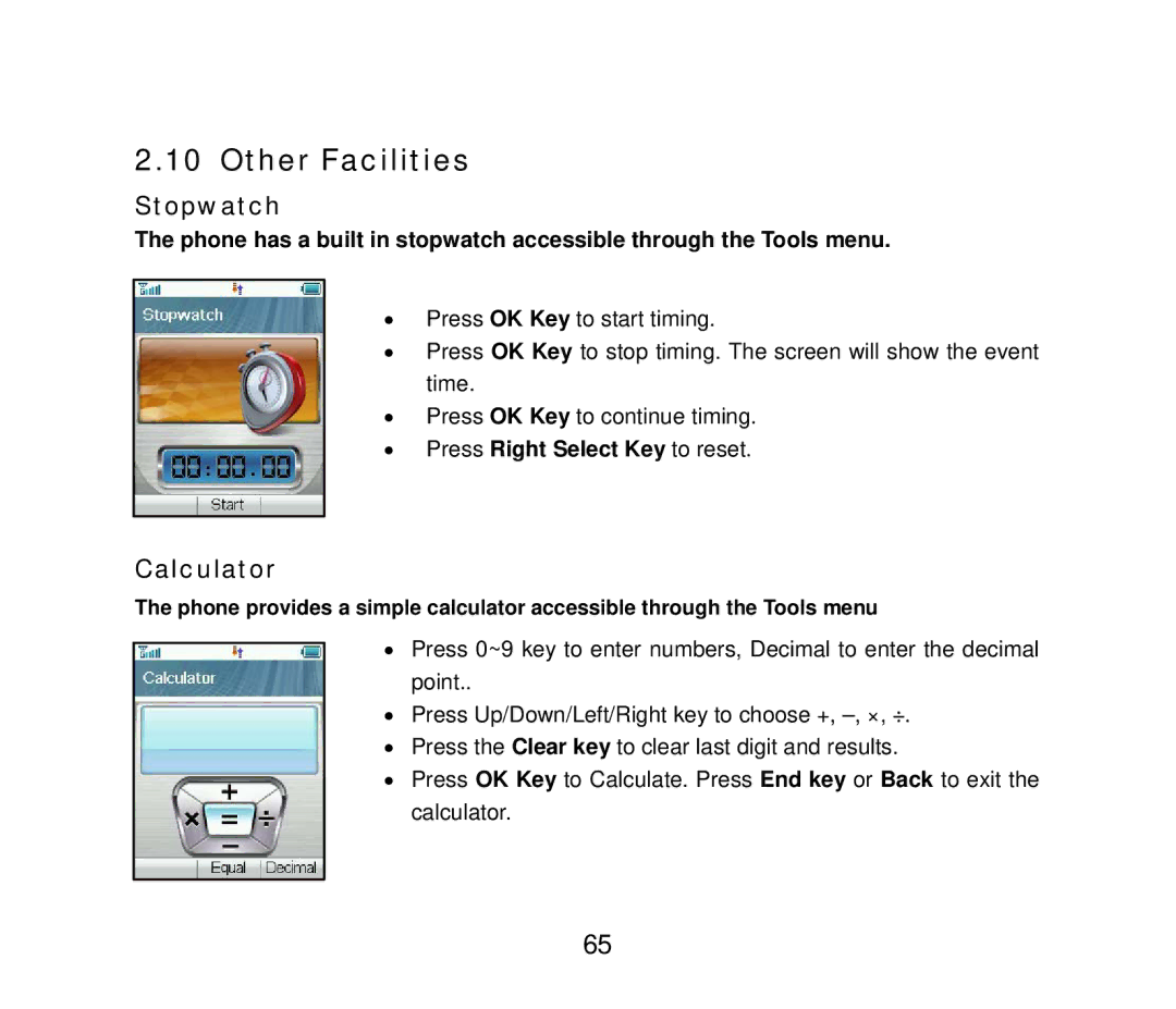 ZTE ZTE F152 user manual Other Facilities, Stopwatch, Calculator, Press Right Select Key to reset 