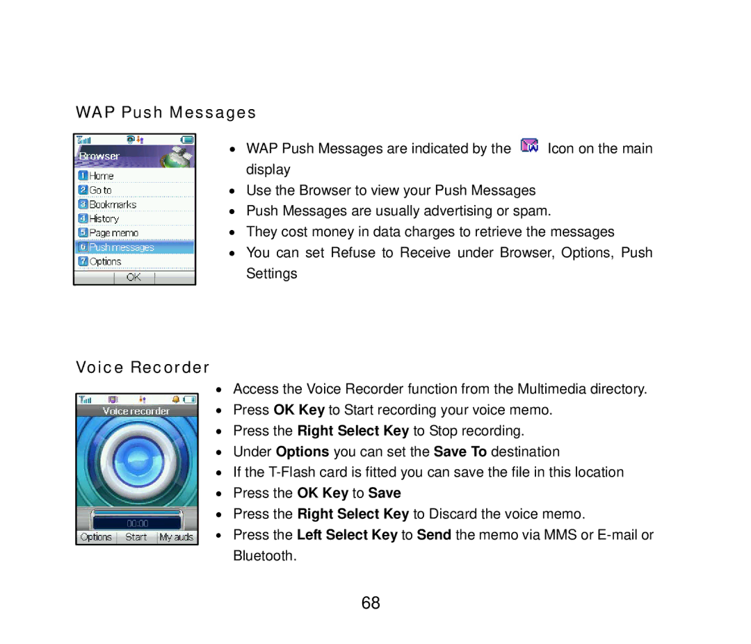 ZTE ZTE F152 user manual WAP Push Messages, Voice Recorder 