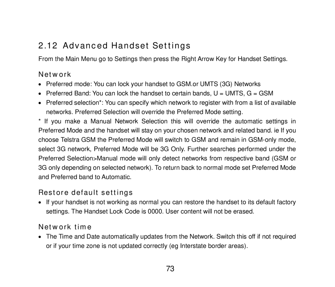 ZTE ZTE F152 user manual Advanced Handset Settings, Restore default settings, Network time 