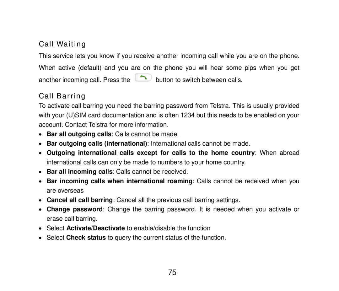 ZTE ZTE F152 user manual Call Waiting, Call Barring 