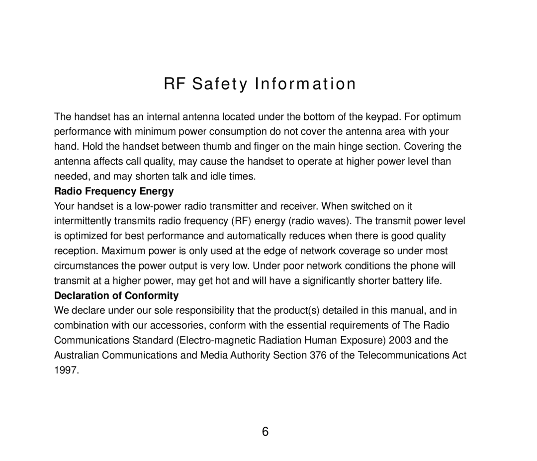 ZTE ZTE F852, HSDPA Multi band 3G Mobile Phone RF Safety Information, Radio Frequency Energy, Declaration of Conformity 