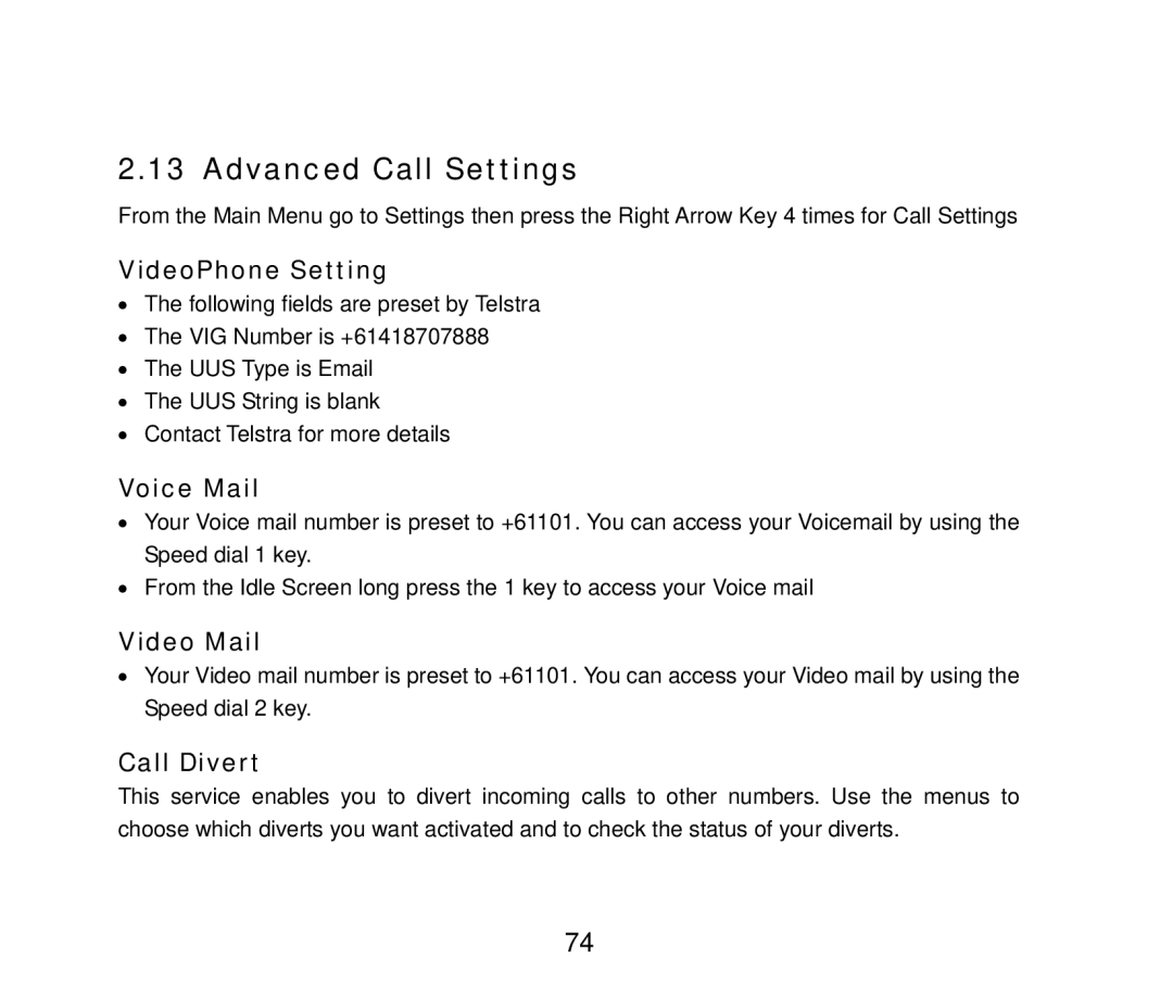 ZTE ZTE F852 user manual Advanced Call Settings, VideoPhone Setting, Voice Mail, Video Mail, Call Divert 