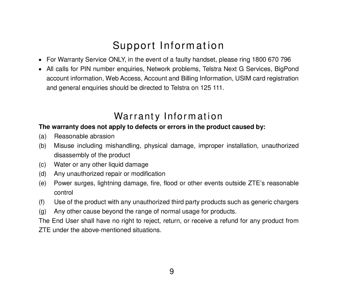 ZTE HSDPA Multi band 3G Mobile Phone, ZTE F852 user manual Support Information, Warranty Information 