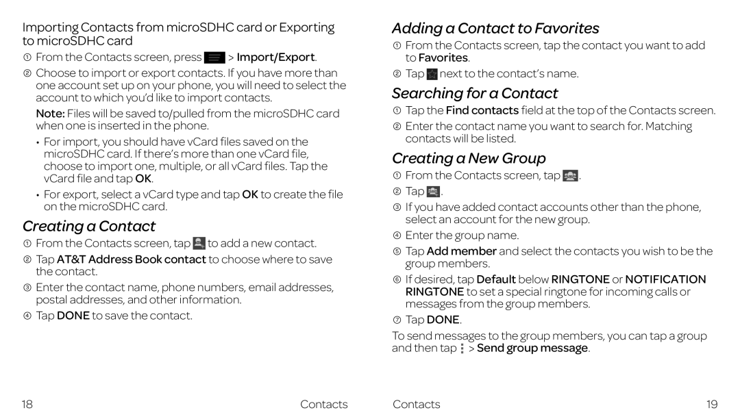 ZTE ZTE Z667 manual Creating a Contact, Adding a Contact to Favorites, Searching for a Contact, Creating a New Group 