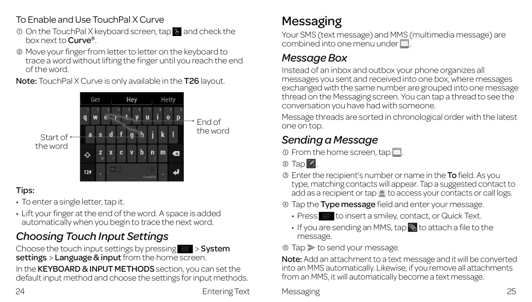 ZTE ZTE Z667 Messaging, Choosing Touch Input Settings, Message Box, Sending a Message, To Enable and Use TouchPal X Curve 