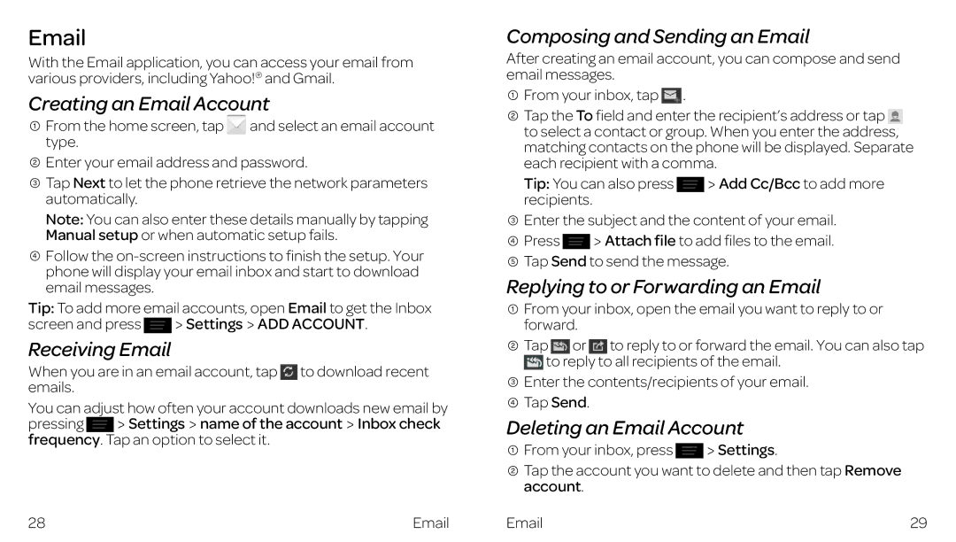 ZTE ZTE Z667 manual Creating an Email Account, Receiving Email, Composing and Sending an Email, Deleting an Email Account 