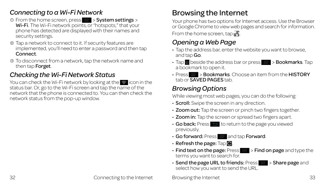 ZTE ZTE Z667 manual Browsing the Internet, Connecting to a Wi-Fi Network, Checking the Wi-Fi Network Status, Opening a Web 