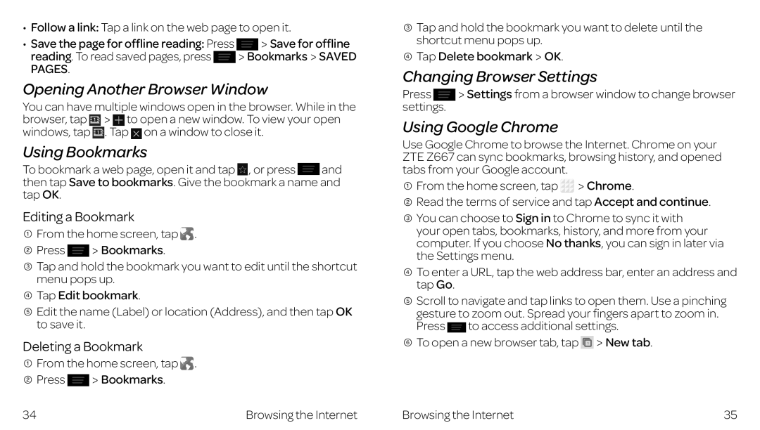 ZTE ZTE Z667 manual Opening Another Browser Window, Using Bookmarks, Changing Browser Settings, Using Google Chrome 