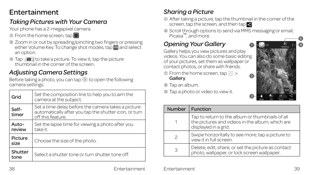 ZTE ZTE Z667 manual Entertainment, Taking Pictures with Your Camera, Adjusting Camera Settings, Sharing a Picture 