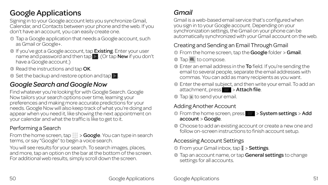 ZTE ZTE Z667 manual Google Applications, Google Search and Google Now, Gmail 