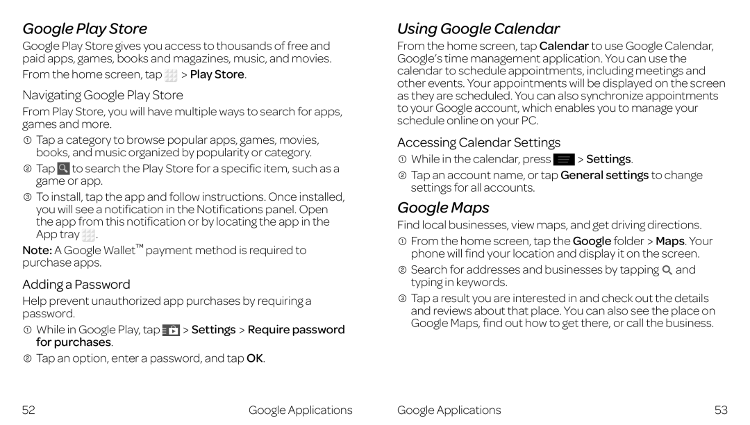 ZTE ZTE Z667 manual Google Play Store, Using Google Calendar, Google Maps 