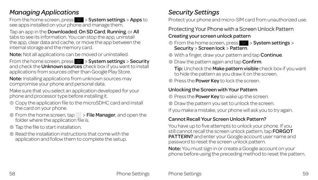 ZTE ZTE Z667 manual Managing Applications, Security Settings, Protecting Your Phone with a Screen Unlock Pattern 