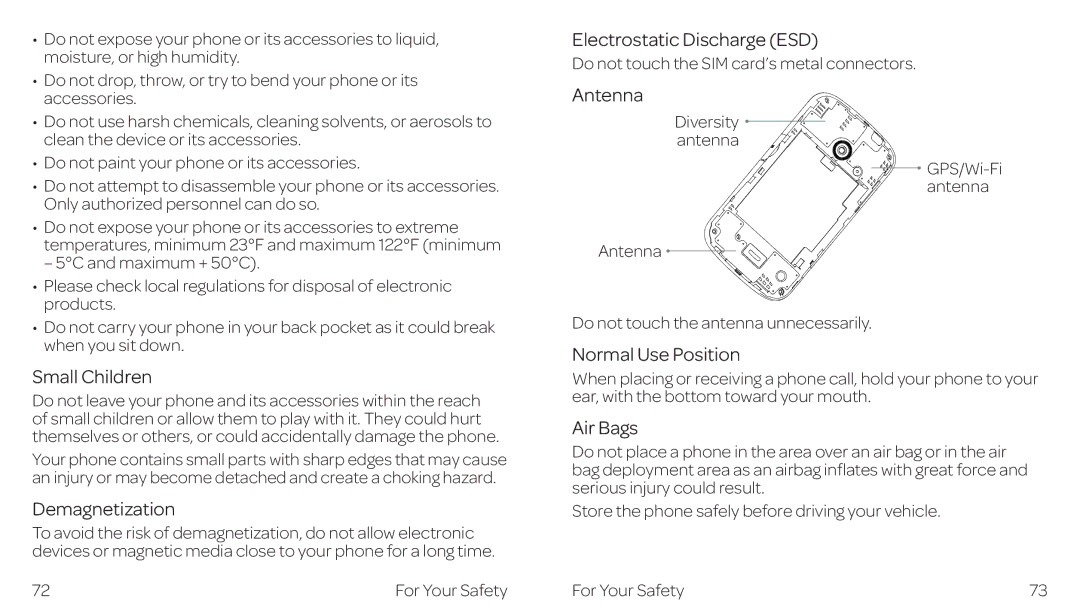 ZTE ZTE Z667 manual Electrostatic Discharge ESD, Antenna, Small Children, Demagnetization, Normal Use Position, Air Bags 