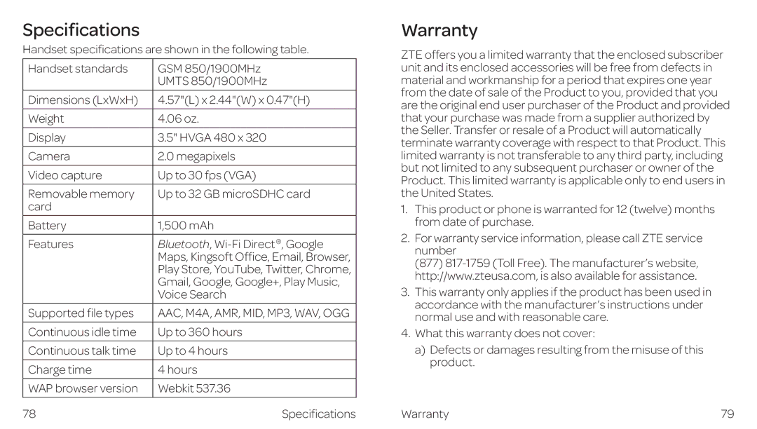 ZTE ZTE Z667 manual Specifications, Warranty 