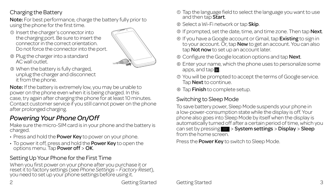 ZTE ZTE Z667 manual Powering Your Phone On/Off, Charging the Battery, Setting Up Your Phone for the First Time 