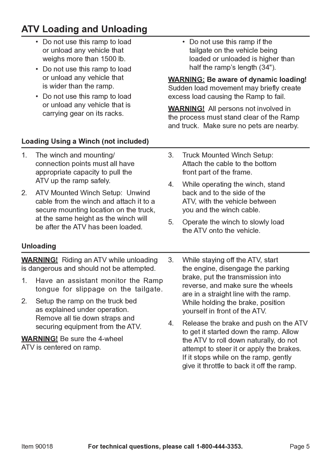 Zweita  Co 90018 manual ATV Loading and Unloading, Loading Using a Winch not included 