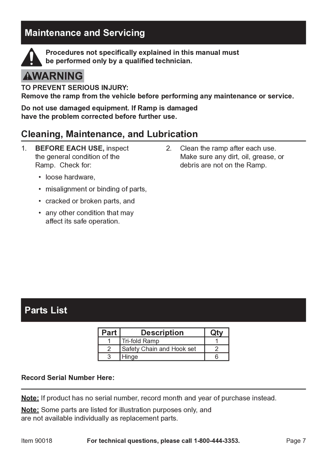 Zweita  Co 90018 Maintenance and Servicing, Cleaning, Maintenance, and Lubrication, Parts List, Record Serial Number Here 