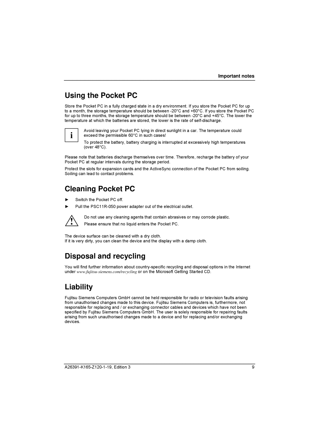 Zweita  Co N/C Series manual Using the Pocket PC, Cleaning Pocket PC, Disposal and recycling Liability 