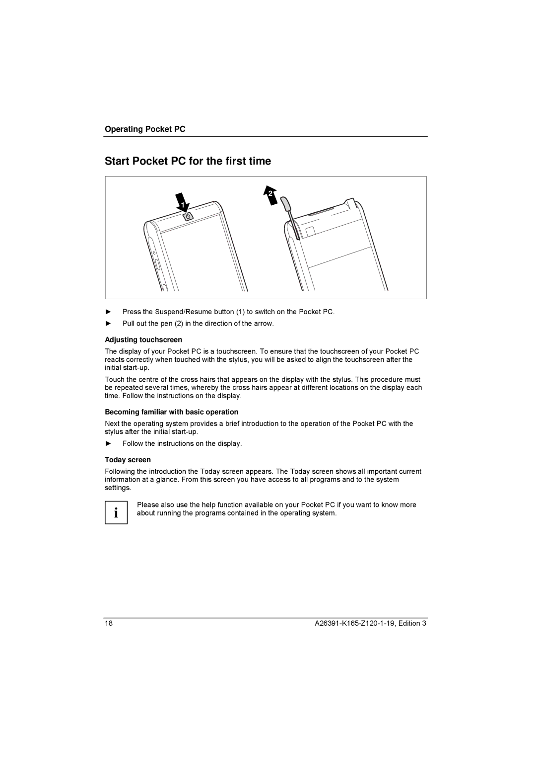 Zweita  Co N/C Series Start Pocket PC for the first time, Adjusting touchscreen, Becoming familiar with basic operation 