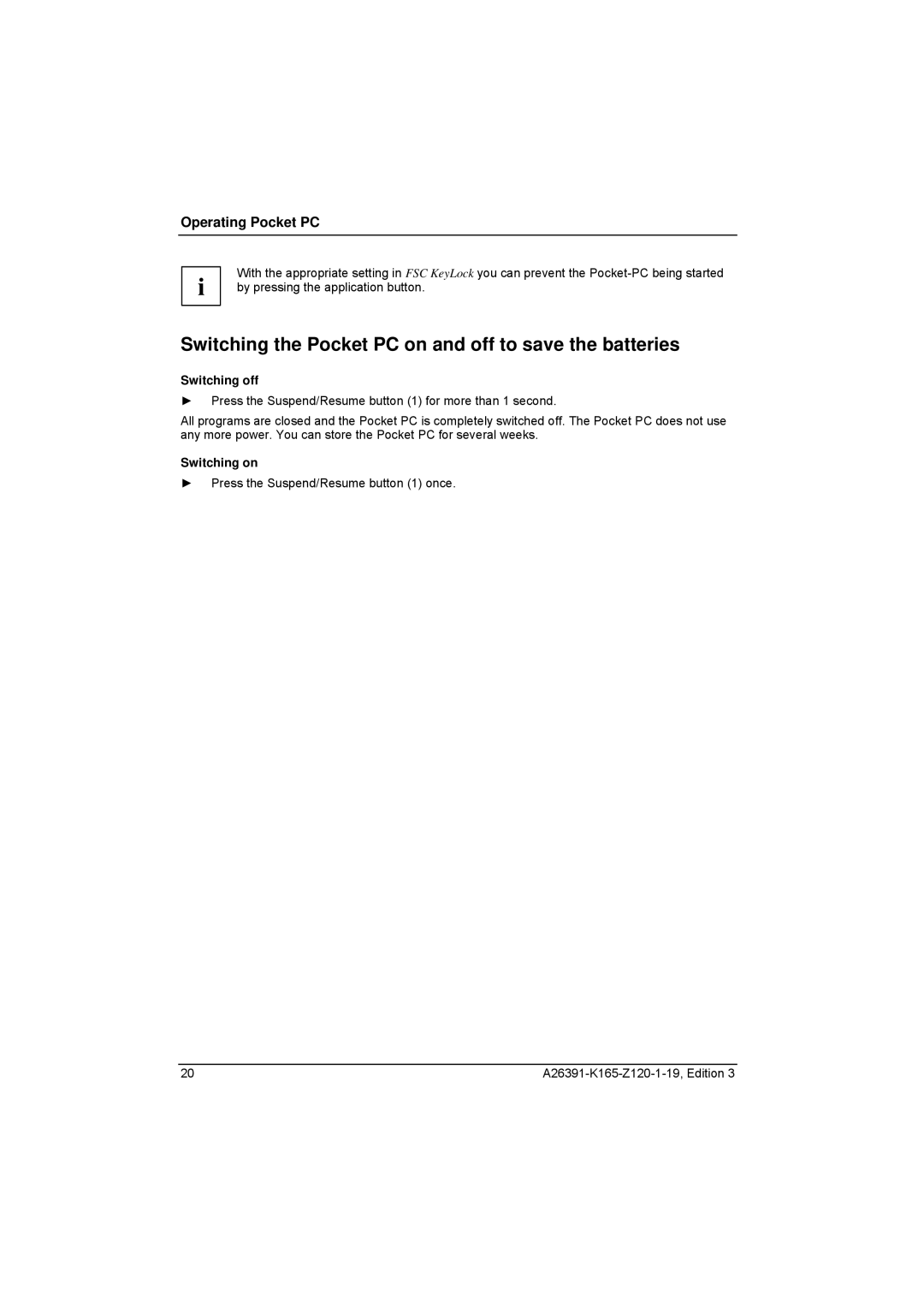 Zweita  Co N/C Series manual Switching the Pocket PC on and off to save the batteries, Switching off, Switching on 