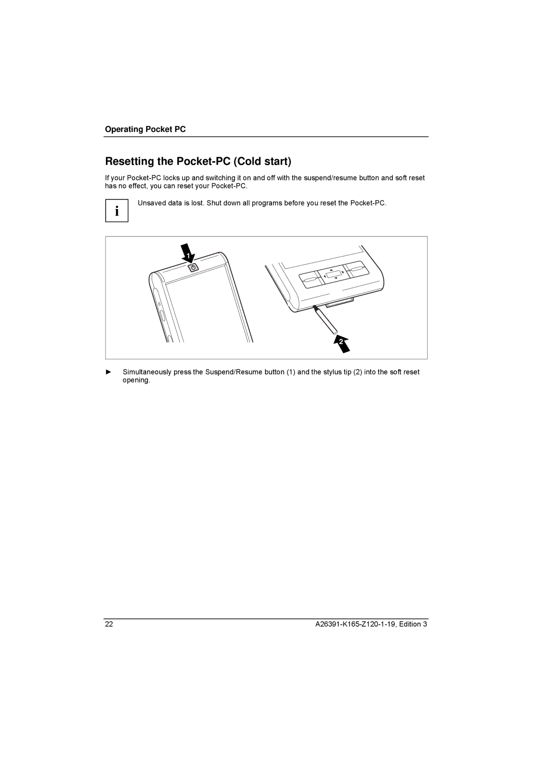 Zweita  Co N/C Series manual Resetting the Pocket-PC Cold start 