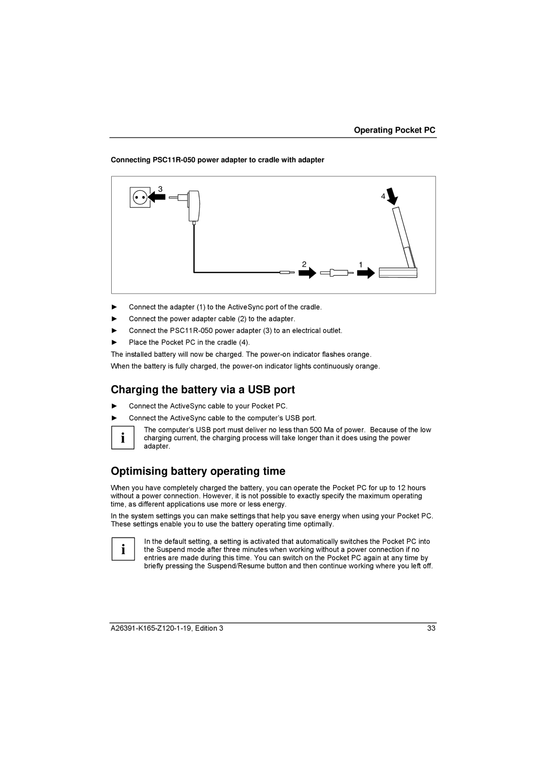 Zweita  Co N/C Series manual Charging the battery via a USB port, Optimising battery operating time 