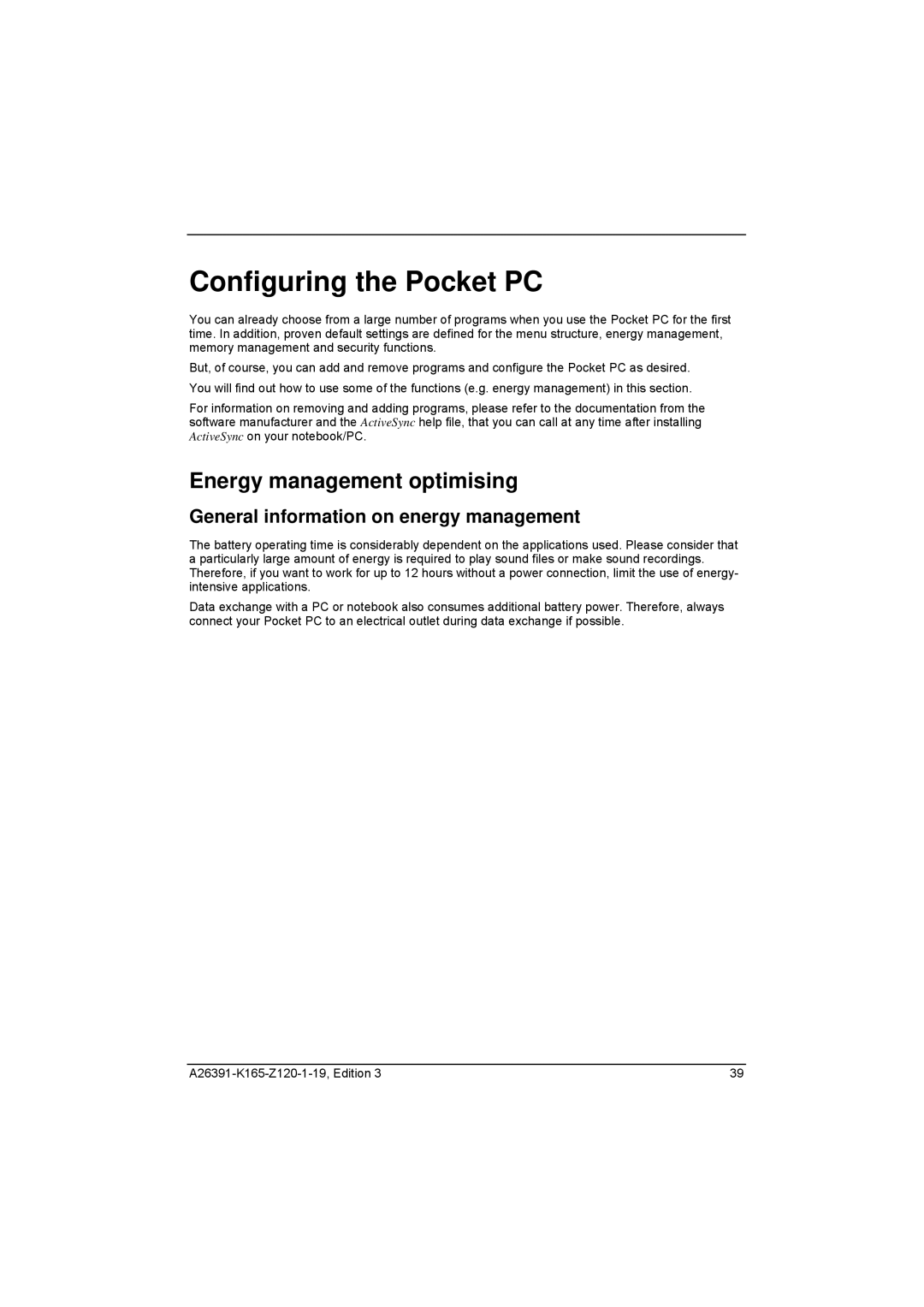 Zweita  Co N/C Series Configuring the Pocket PC, Energy management optimising, General information on energy management 