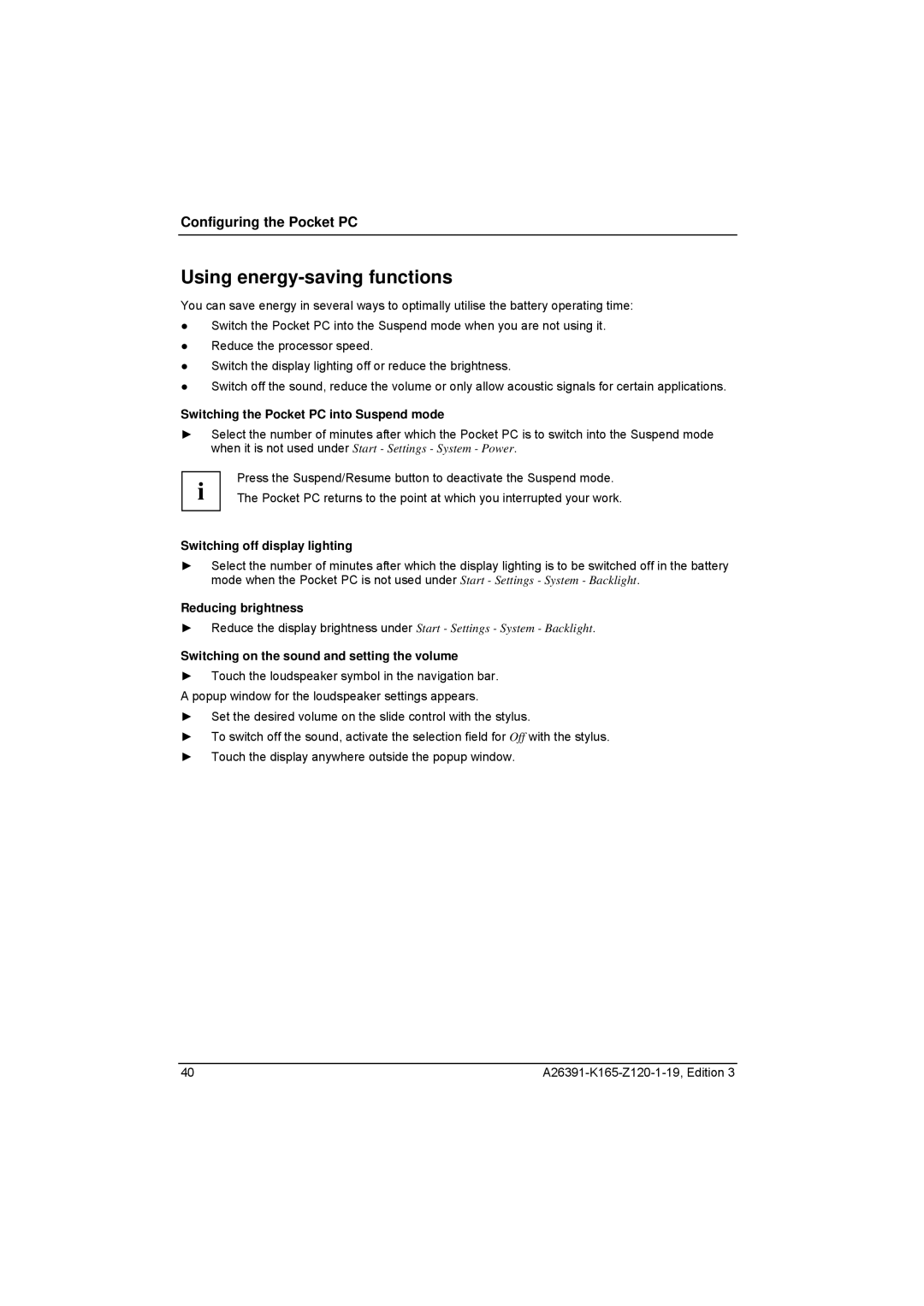 Zweita  Co N/C Series manual Using energy-saving functions, Switching the Pocket PC into Suspend mode, Reducing brightness 